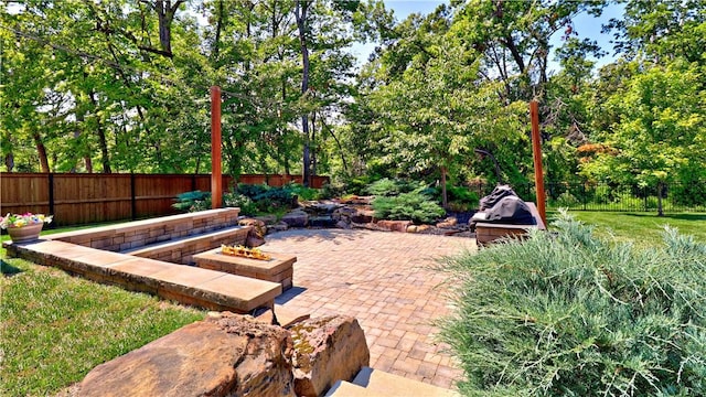 view of yard with a patio, a fenced backyard, and a fire pit