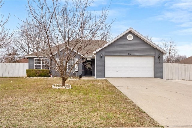 single story home with concrete driveway, an attached garage, fence, and a front yard