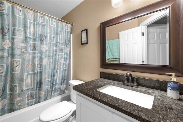 bathroom featuring a textured wall, toilet, vanity, and shower / bath combination with curtain