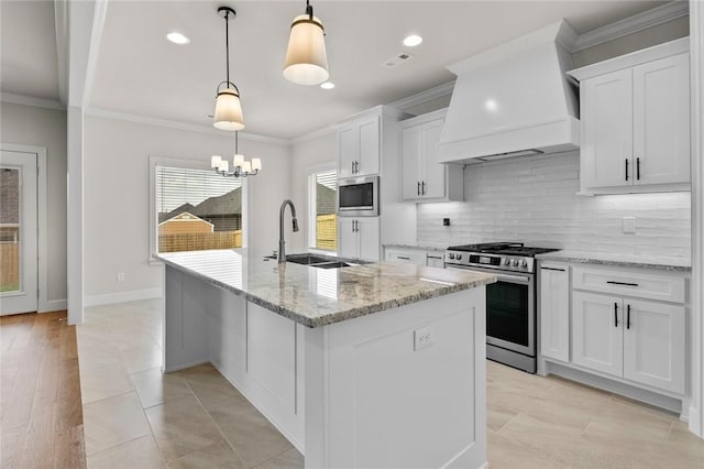 1804 Charles St, Pea Ridge, AR 72751 - kitchen with stainless steel appliances, premium range hood, decorative backsplash, white cabinetry, and ornamental molding