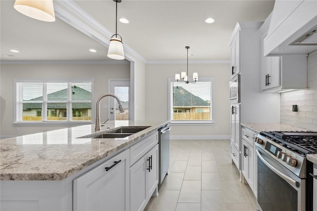 1804 Charles St, Pea Ridge, AR 72751 - kitchen featuring premium range hood, appliances with stainless steel finishes, healthy amount of natural light, decorative backsplash, and crown molding