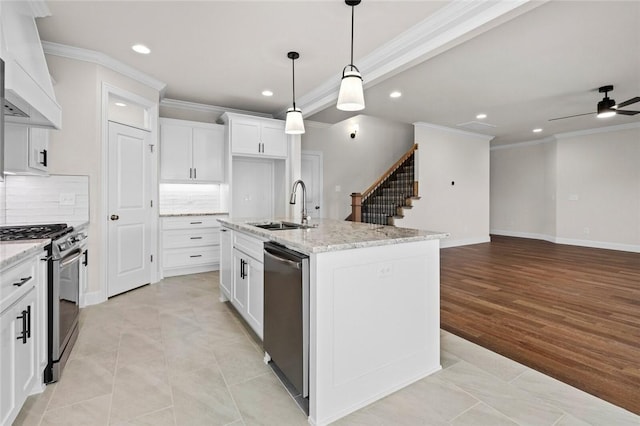 1804 Charles St, Pea Ridge, AR 72751 - kitchen with appliances with stainless steel finishes, crown molding, recessed lighting, backsplash, and premium range hood