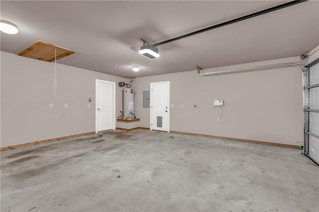 garage with electric panel, gas water heater, a garage door opener, and baseboards