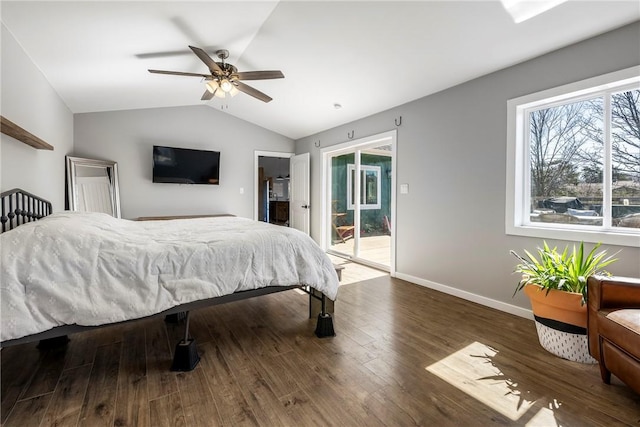 bedroom with wood finished floors, baseboards, lofted ceiling, ceiling fan, and access to exterior