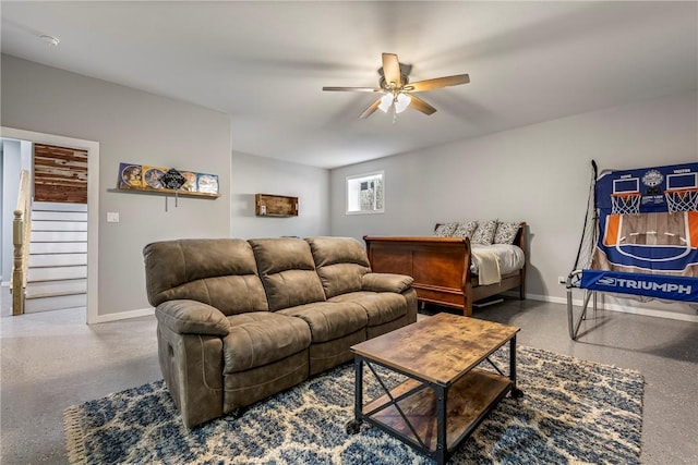 living room featuring stairway, ceiling fan, speckled floor, and baseboards