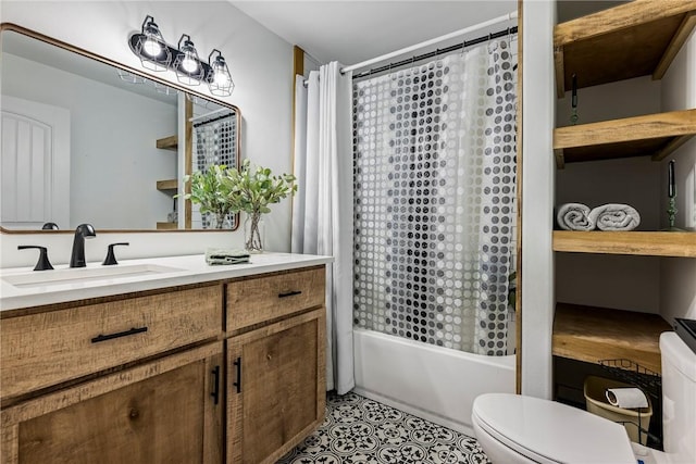 bathroom with vanity, tile patterned floors, toilet, and shower / tub combo with curtain