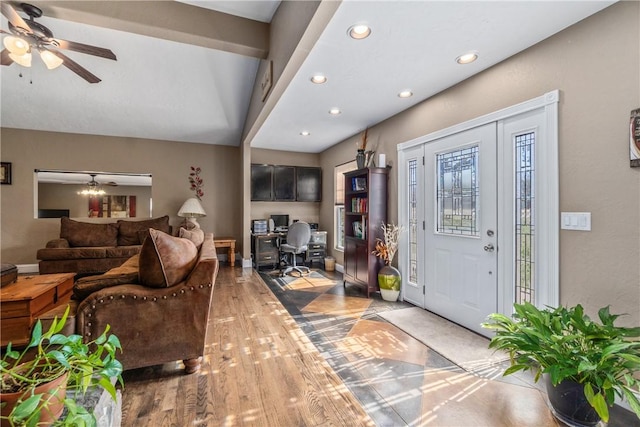 entrance foyer featuring recessed lighting, light wood-style flooring, baseboards, and ceiling fan