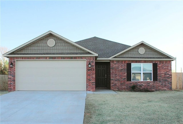 single story home with a garage, brick siding, roof with shingles, and driveway