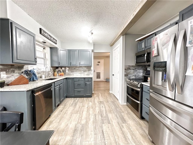 kitchen with gray cabinets, a sink, stainless steel appliances, light wood-style floors, and decorative backsplash