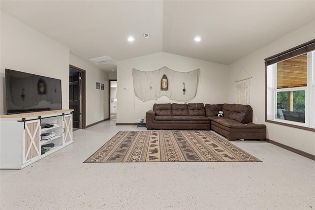 living area with vaulted ceiling, recessed lighting, visible vents, and baseboards