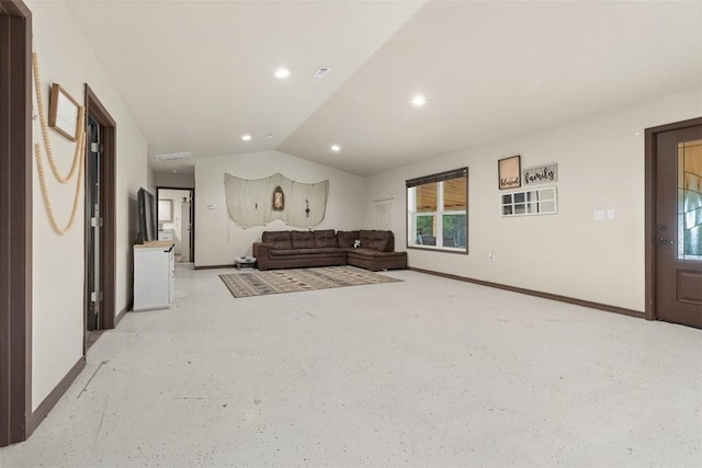 living room featuring visible vents, recessed lighting, baseboards, and vaulted ceiling