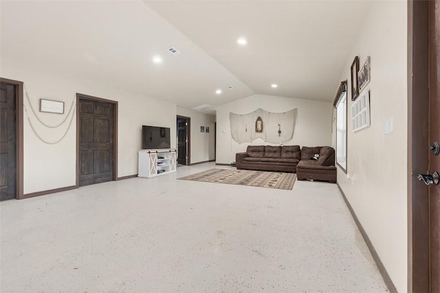 living room featuring recessed lighting, baseboards, lofted ceiling, and speckled floor