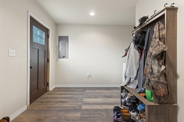 mudroom featuring recessed lighting, electric panel, wood finished floors, and baseboards