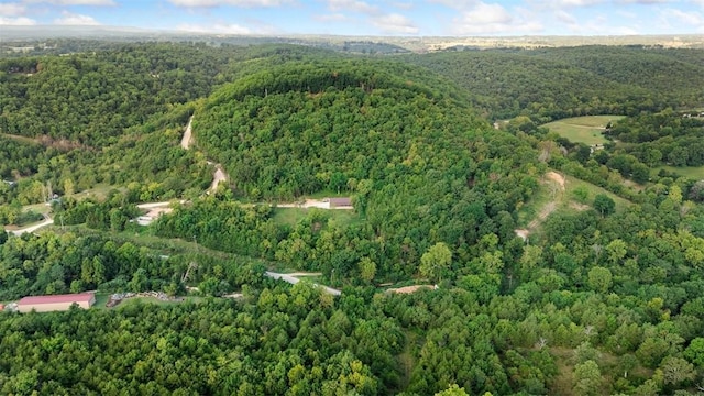 aerial view featuring a wooded view