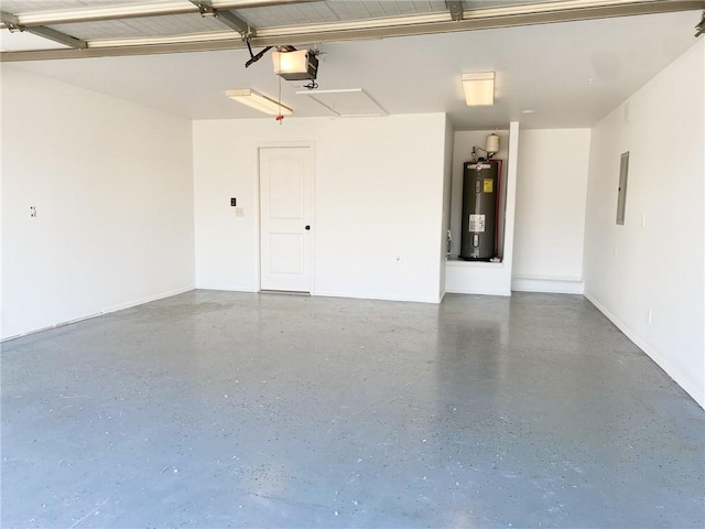 garage featuring electric panel, a garage door opener, and electric water heater