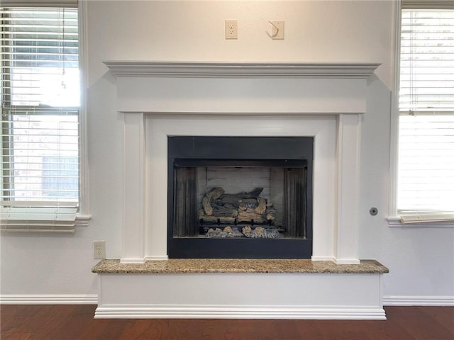 interior details with wood finished floors, a fireplace with raised hearth, and baseboards