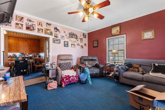 carpeted living room with crown molding and a ceiling fan