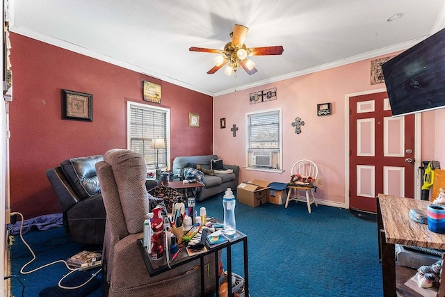 living area featuring cooling unit, carpet floors, ceiling fan, and crown molding