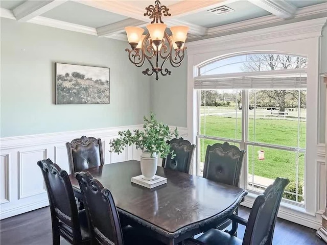 dining space with a chandelier, visible vents, beamed ceiling, and a wainscoted wall