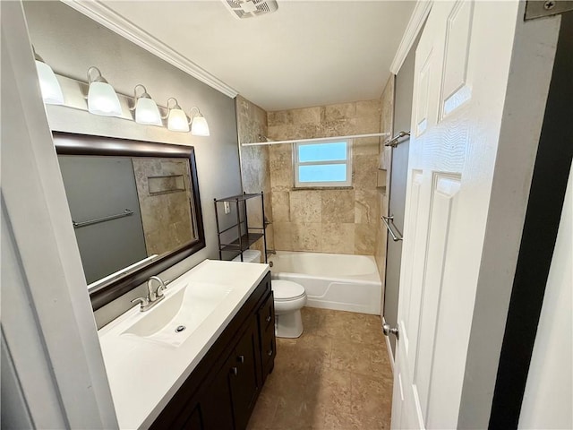 full bathroom with visible vents, toilet, shower / washtub combination, crown molding, and vanity