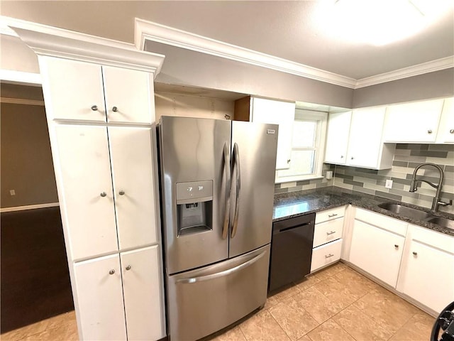 kitchen featuring tasteful backsplash, crown molding, stainless steel fridge with ice dispenser, black dishwasher, and a sink