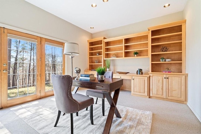 office area featuring recessed lighting, light colored carpet, and baseboards