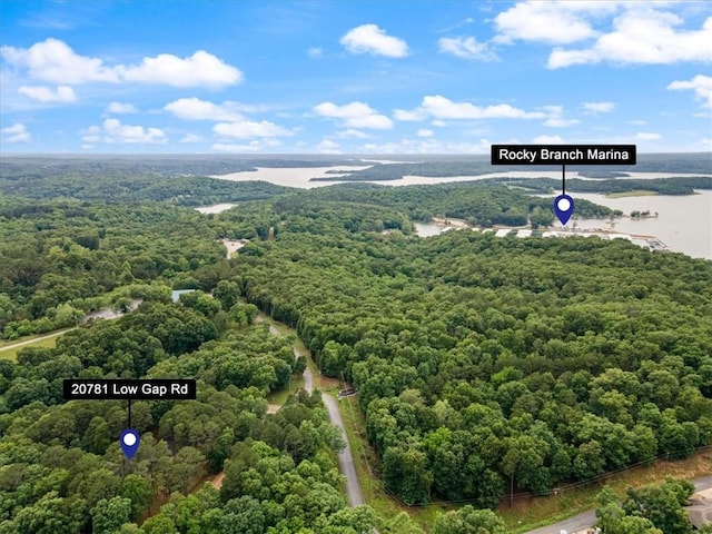 aerial view featuring a view of trees and a water view