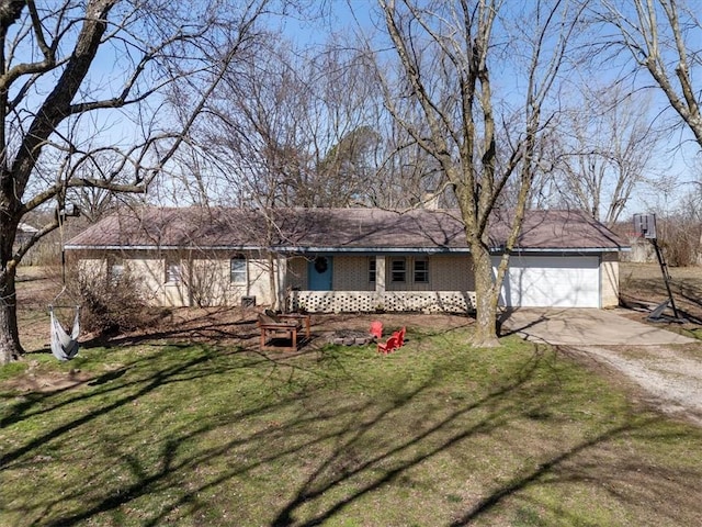 single story home with a garage, a front yard, and dirt driveway