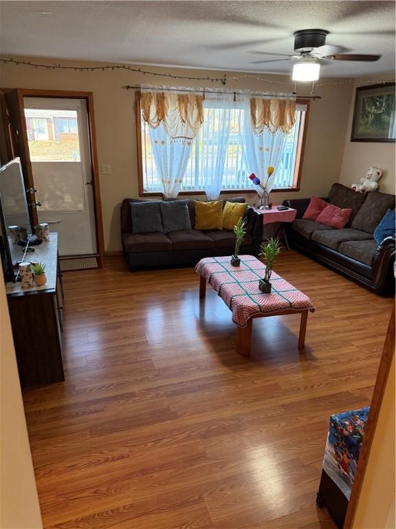 living room featuring a ceiling fan, wood finished floors, and a textured ceiling