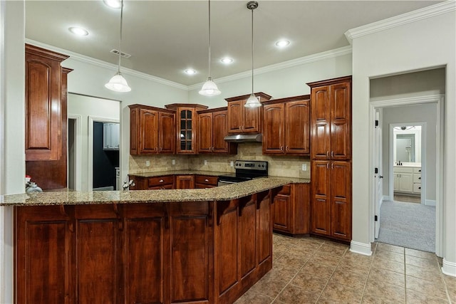 kitchen featuring a peninsula, backsplash, under cabinet range hood, and stainless steel range with electric cooktop