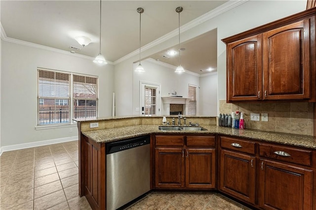 kitchen with stone counters, a peninsula, a sink, dishwasher, and backsplash