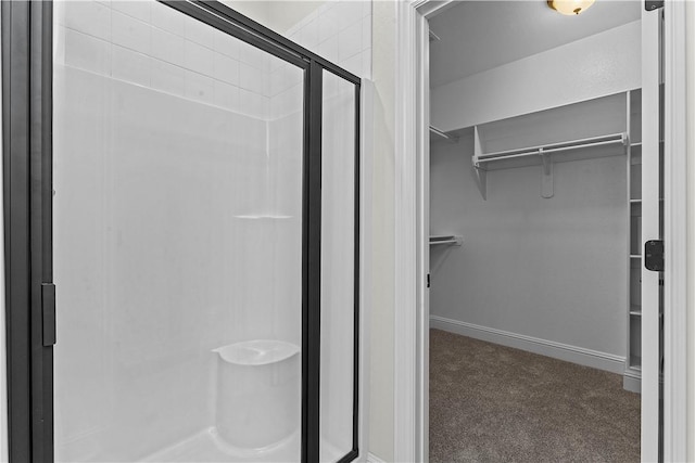 bathroom with a walk in closet, a shower stall, and baseboards