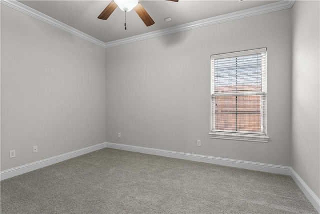 unfurnished room featuring baseboards, a ceiling fan, carpet, and ornamental molding