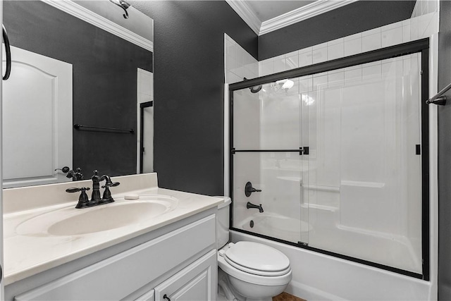 full bath with vanity, crown molding, toilet, and enclosed tub / shower combo