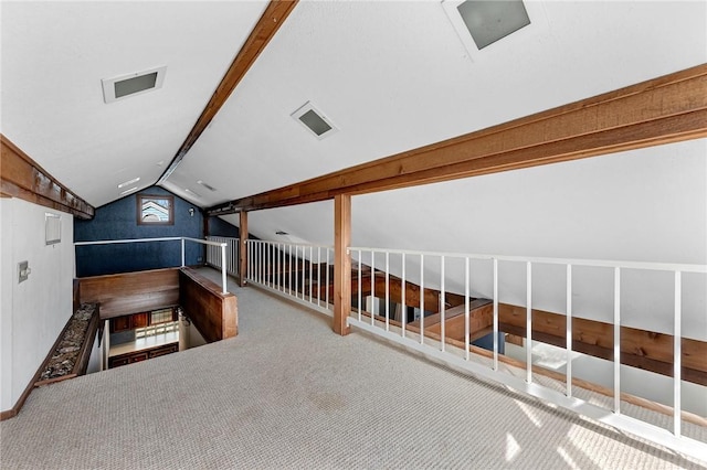 bonus room with lofted ceiling, visible vents, and carpet floors