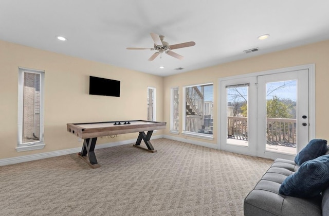 playroom with recessed lighting, baseboards, carpet floors, and a ceiling fan