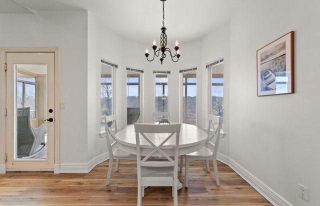 dining room featuring a wealth of natural light, baseboards, and light wood-style floors