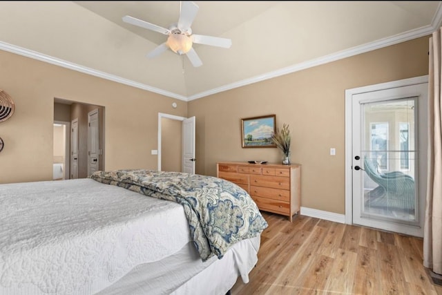 bedroom with baseboards, ceiling fan, crown molding, and light wood finished floors