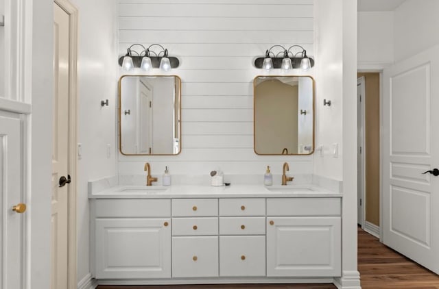 bathroom with double vanity, wood finished floors, and a sink