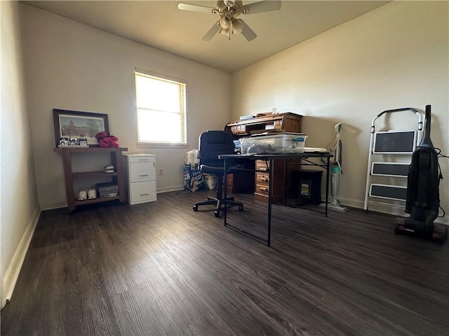 office featuring dark wood-style floors, baseboards, and ceiling fan