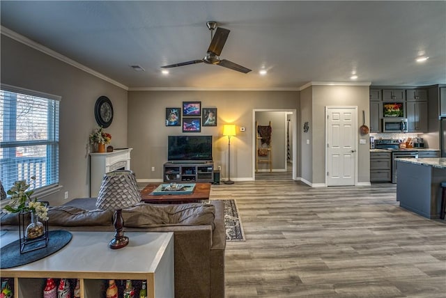 living area with baseboards, visible vents, ceiling fan, light wood-style floors, and crown molding