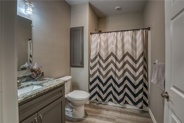 bathroom with a shower with curtain, toilet, wood finished floors, and vanity