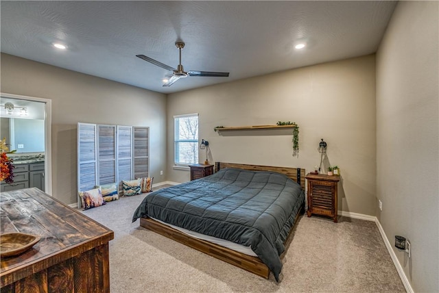 carpeted bedroom with recessed lighting, ceiling fan, and baseboards