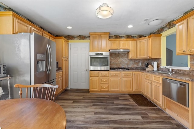 kitchen with under cabinet range hood, decorative backsplash, dark wood-style flooring, appliances with stainless steel finishes, and a sink