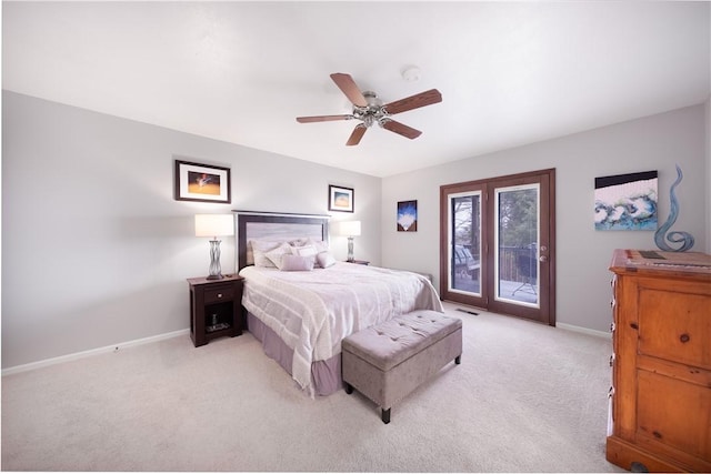 bedroom with ceiling fan, access to outside, baseboards, and light carpet