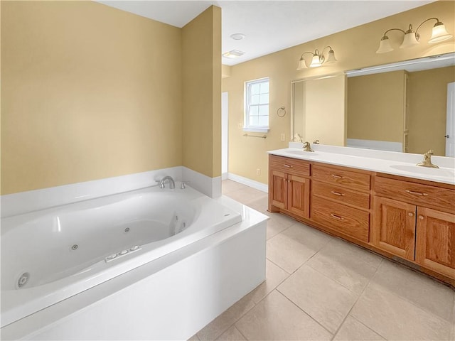 full bathroom with tile patterned flooring, double vanity, a jetted tub, and a sink