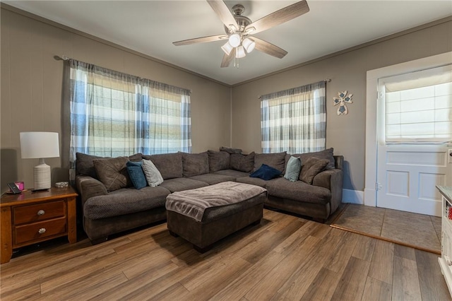 living room featuring a healthy amount of sunlight, ceiling fan, ornamental molding, and light wood finished floors