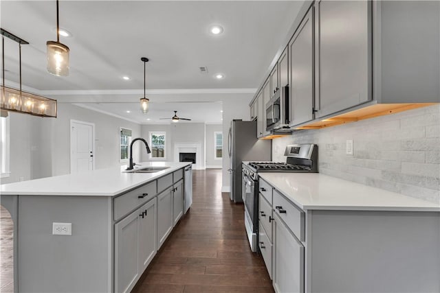 kitchen with a sink, appliances with stainless steel finishes, gray cabinets, and a center island with sink