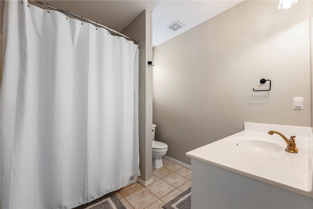 full bathroom with vanity, visible vents, curtained shower, tile patterned floors, and toilet