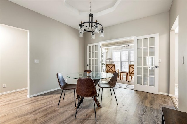 dining room with wood finished floors, french doors, baseboards, and a tray ceiling